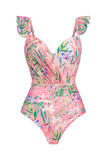 Pink Floral Print 2 Piece Swimsuit with Skirt