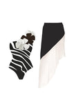 Black White Patchwork 2 Piece Swimsuit with Flowers