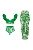 Green Floral Print 3 Piece Swimsuit with Ruffles