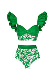 Green Floral Print 3 Piece Swimsuit with Ruffles