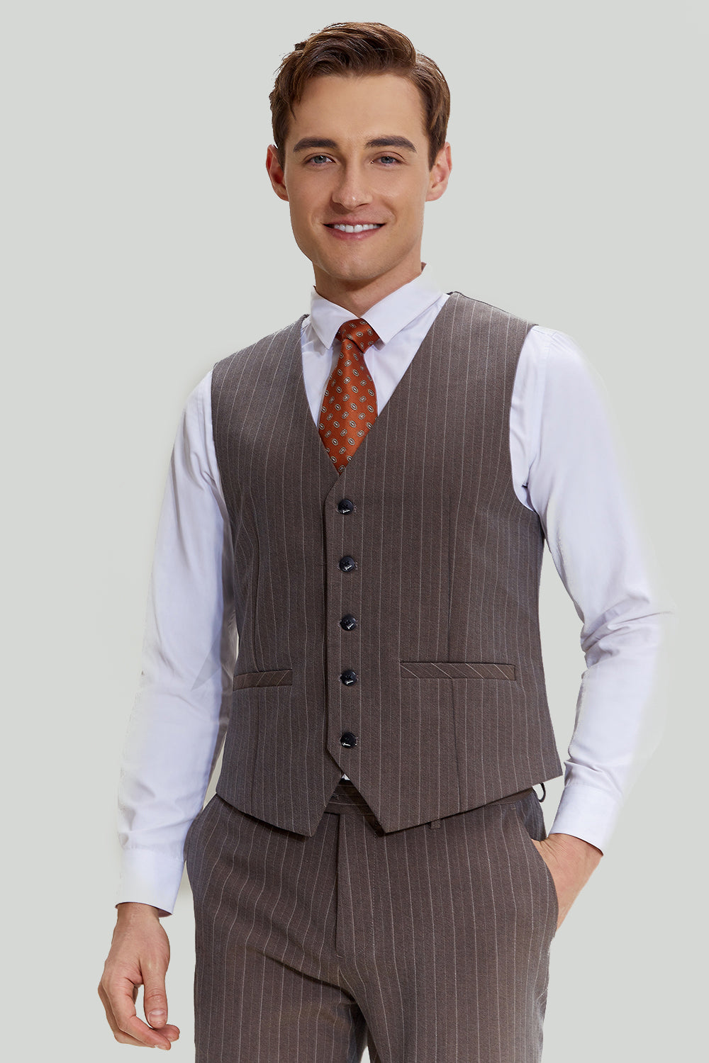 Coffee Pinstripe 3 Piece Men's Prom Ball Suits