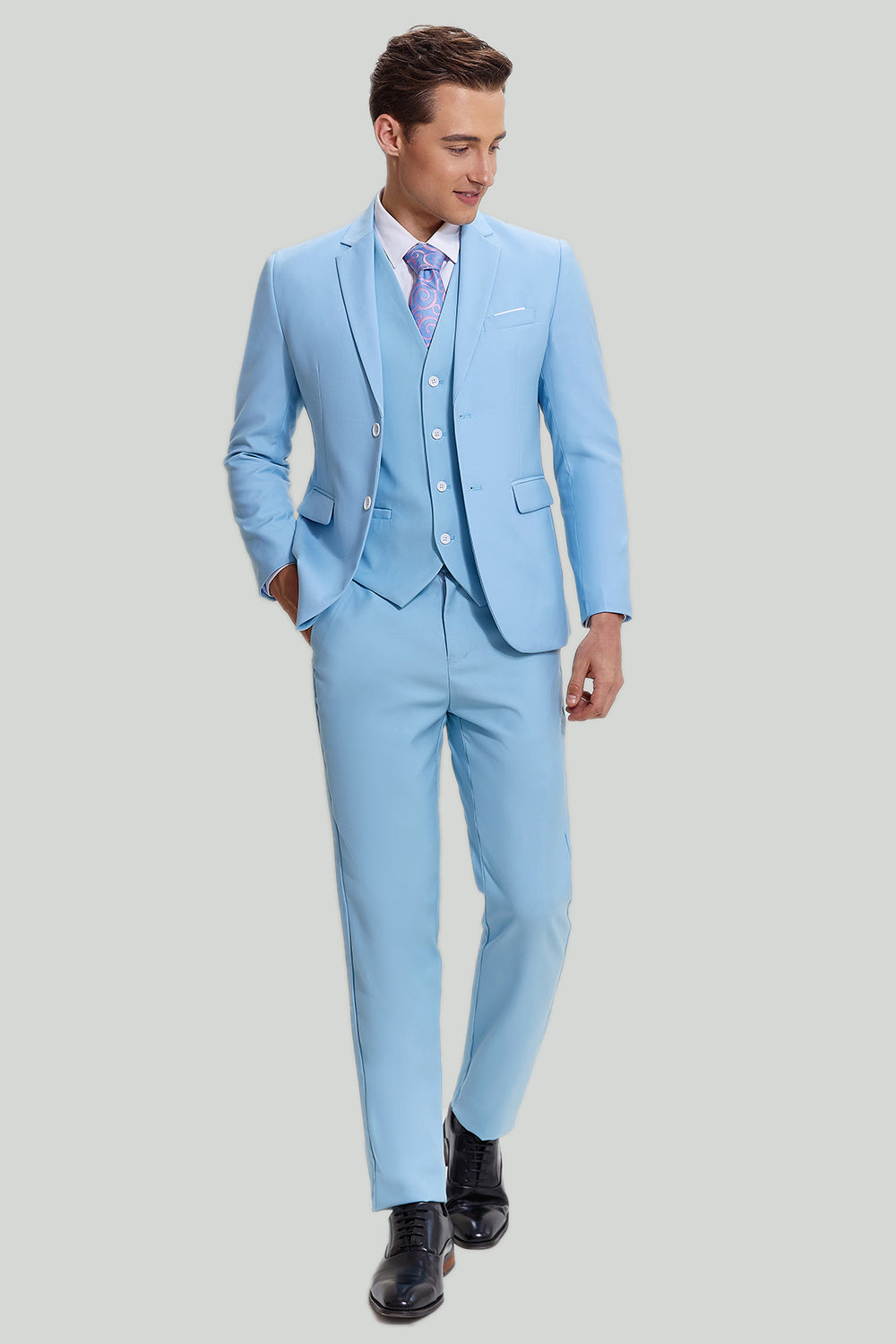 Sky Blue 3 Piece Notched Lapel Men's Modern Fit Suit