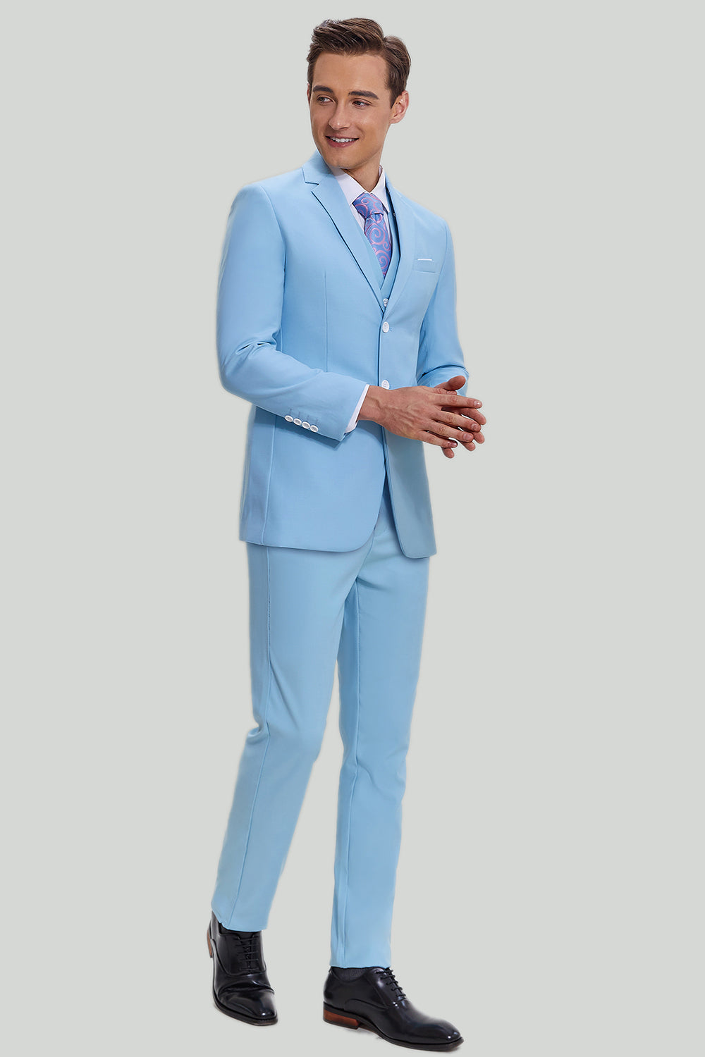 Sky Blue 3 Piece Notched Lapel Men's Modern Fit Suit