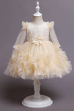 Boat Neck Tulle Champagne Flower Girl Dress with Sleeves
