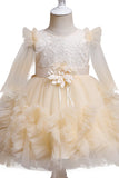 Boat Neck Tulle Champagne Flower Girl Dress with Sleeves