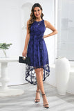 High Low Round Neck Blue Lace Dress with Belt