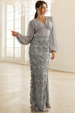 Silver Sheath Long Sleeves Mother of the Bride Dress with Slit