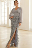 Silver Sheath Long Sleeves Mother of the Bride Dress with Slit