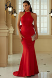 Red Mermaid Halter Open Back Long Ball Dress With Ruffles
