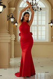Red Mermaid Halter Open Back Long Ball Dress With Ruffles