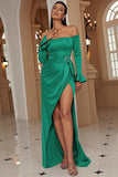 Green Off the Shoulder Sheath Long Ball Dress With Slit