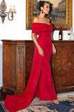 Red Off the Shoulder Sheath Formal Dress With Train