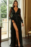 Black A-Line Sparkly V-Neck Formal Dress With Slit