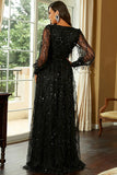 Black A-Line Sparkly V-Neck Formal Dress With Slit