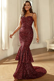 Burgundy Sparkly Sequins Mermaid Ball Dress