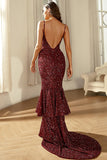 Burgundy Sparkly Sequins Mermaid Ball Dress