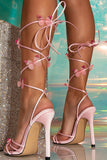 Pink Lace Up High Heeled Sandals With Butterflies