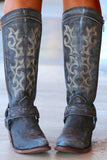 Blue Embroidered Cowgirl Boho Mid Calf Boots