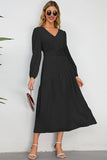 Black A-Line V-Neck Long Casual Dress With Long Sleeves