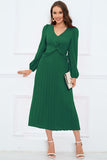 Dark Green Long Sleeves Tea-Length Casual Dress