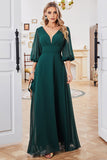 A-line Long Sleeves Dark Green V-neck Mother of Bride Dress