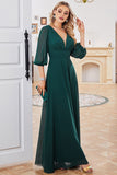 A-line Long Sleeves Dark Green V-neck Mother of Bride Dress