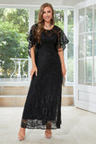 A-line Round Neck Black Lace Short Sleeves Mother of Bride Dress
