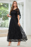 A-line Round Neck Black Lace Short Sleeves Mother of Bride Dress