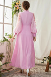 Candy Pink A-Line Long Sleeves Formal Dress with 3D Flowers