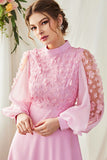 Candy Pink A-Line Long Sleeves Formal Dress with 3D Flowers