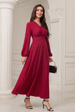 Burgundy A-Line V-Neck Formal Dress with Long Sleeves