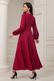 Burgundy A-Line V-Neck Formal Dress with Long Sleeves