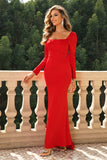 Red Bodycon Square Neck Corset Formal Evening Dress with Long Sleeves