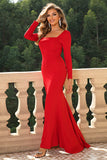 Red Bodycon Square Neck Corset Formal Evening Dress with Long Sleeves