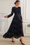 Black A-Line Long Sleeves Lace Formal Dress with Sash