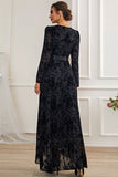 Black A-Line Long Sleeves Lace Formal Dress with Sash