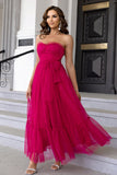 Hot Pink A-Line Sweetheart Tulle Formal Dress with Bow