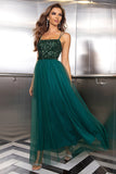 Sparkly Tulle Lace-Up Back Pine A Line Formal Dress with Sequins