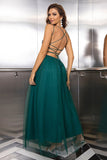 Sparkly Tulle Lace-Up Back Pine A Line Formal Dress with Sequins