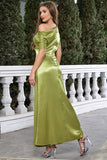 Satin Short Sleeves Matcha Formal Dress