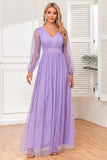 A-Line Long Sleeves Lilac Sequin Formal Dress with Slit