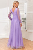 A-Line Long Sleeves Lilac Sequin Formal Dress with Slit