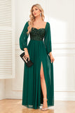 Sparkly Sweetheart Long Sleeves Pine Formal Dress with Sequins