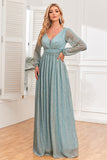 A-Line Sequins Blue Formal Dress with Long Sleeves