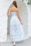 Flower Printed Blue Formal Dress with Slit