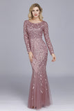 Dusty Rose Mermaid Boat Neck Evening Dress with Appliques