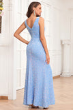 Sky Blue V-Neck Sequins Bodycon Ball Dress