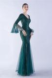 Dark Green Sequin V-neck Long Sleeves Mermaid Formal Dress
