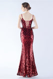 Burgundy Spaghetti Straps V-Neck Sequin Sheath Formal Dress with Slit