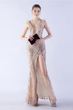 Lilac Mermaid V Neck Side Slit Beaded Evening Dress With Feather